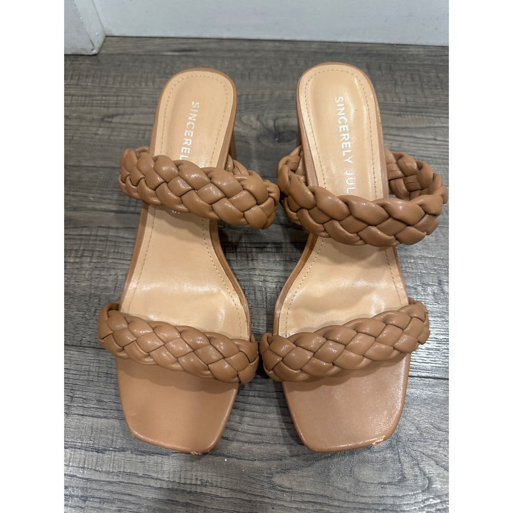 Sincerely Jules Braided Double Strap Block Heel Sandals Tan Brown Women 8.5M